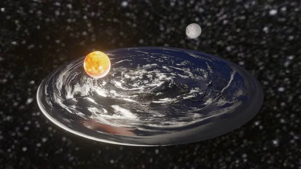 Flat Earth like dish plate in space with sun and moon 3d illustration