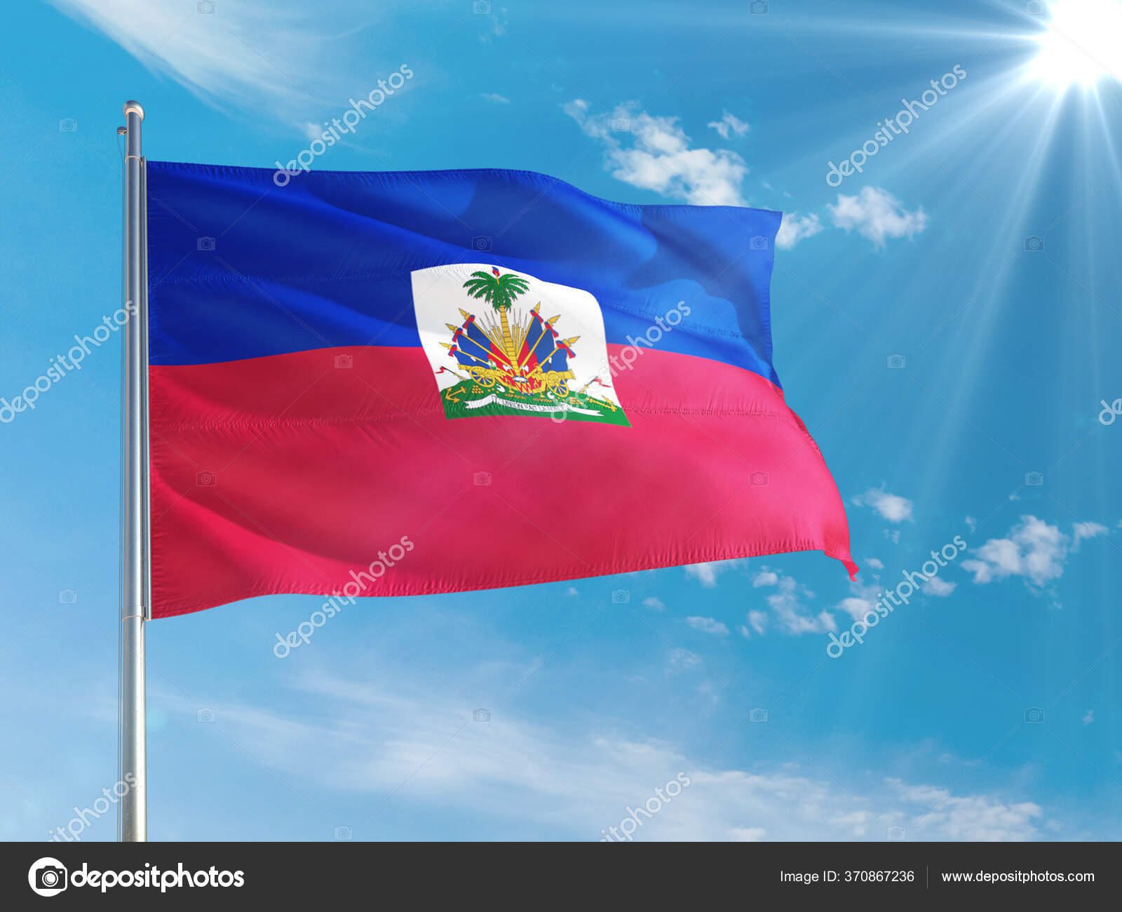 Haiti National Flag Waving Wind Deep Blue Sky High Quality &#8212; Stock ...