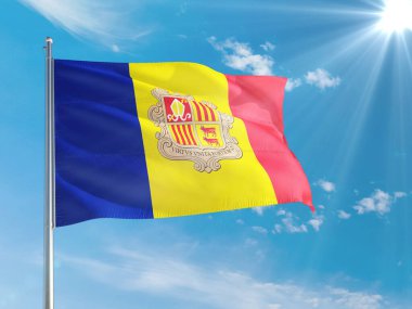 Andorra ulusal bayrağı derin mavi gökyüzüne karşı rüzgarda dalgalanıyor. Kaliteli kumaş. Uluslararası ilişkiler kavramı.