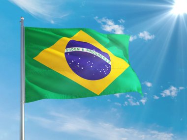 Brezilya ulusal bayrağı derin mavi gökyüzüne karşı rüzgarda dalgalanıyor. Kaliteli kumaş. Uluslararası ilişkiler kavramı.