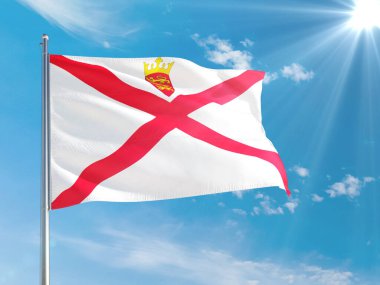 Jersey ulusal bayrağı derin mavi gökyüzüne karşı rüzgarda dalgalanıyor. Kaliteli kumaş. Uluslararası ilişkiler kavramı.