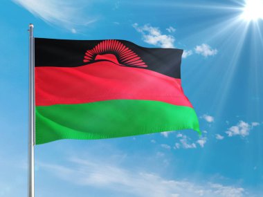 Malawi ulusal bayrağı derin mavi gökyüzüne karşı rüzgarda dalgalanıyor. Kaliteli kumaş. Uluslararası ilişkiler kavramı.
