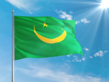 Moritanya ulusal bayrağı derin mavi gökyüzüne karşı rüzgarda dalgalanıyor. Kaliteli kumaş. Uluslararası ilişkiler kavramı.