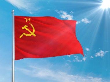 Sovyetler Birliği ulusal bayrağı derin mavi gökyüzüne karşı rüzgarda dalgalanıyor. Kaliteli kumaş. Uluslararası ilişkiler kavramı.