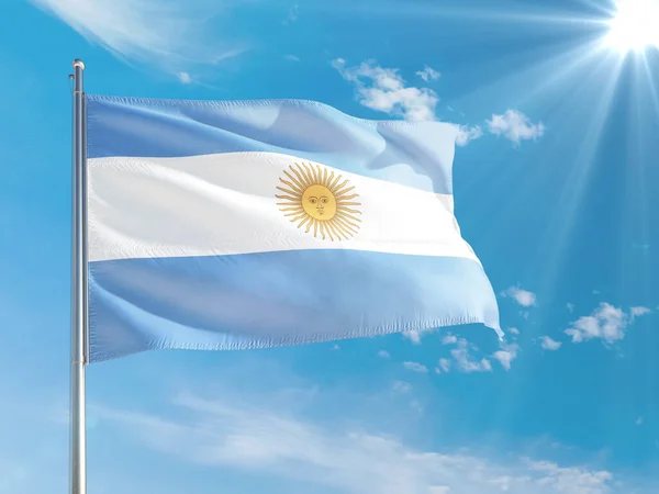Bandera Nacional Argentina Ondeando Viento Contra Cielo Azul Profundo Tejido —  Fotos de Stock