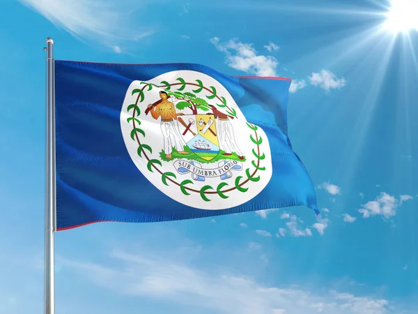 Bandera Nacional Belice Ondeando Viento Contra Cielo Azul Profundo Tejido — Foto de Stock