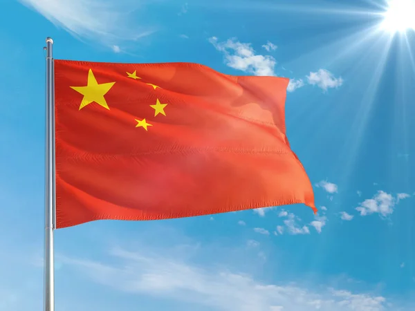 Bandeira Nacional China Acenando Vento Contra Céu Azul Profundo Tecido — Fotografia de Stock