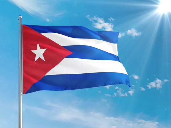 Bandera Nacional Cuba Ondeando Viento Contra Cielo Azul Profundo Tejido — Foto de Stock