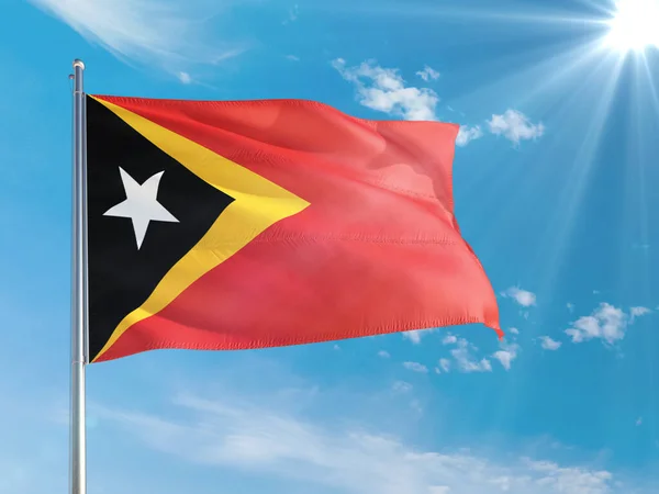 Timor Oriental Bandera Nacional Ondeando Viento Contra Cielo Azul Profundo —  Fotos de Stock