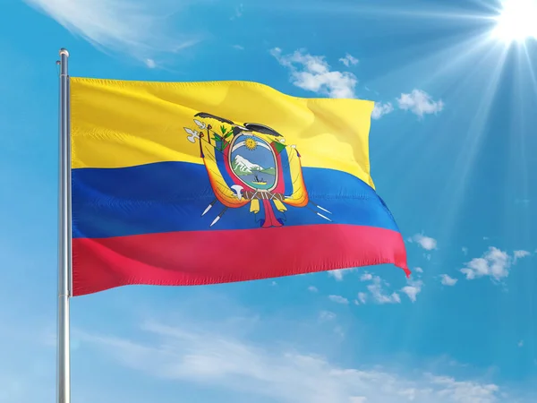 Bandera Nacional Ecuador Ondeando Viento Contra Cielo Azul Profundo Tejido — Foto de Stock