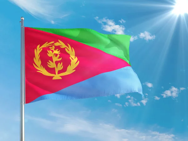 Bandera Nacional Eritrea Ondeando Viento Contra Cielo Azul Profundo Tejido — Foto de Stock