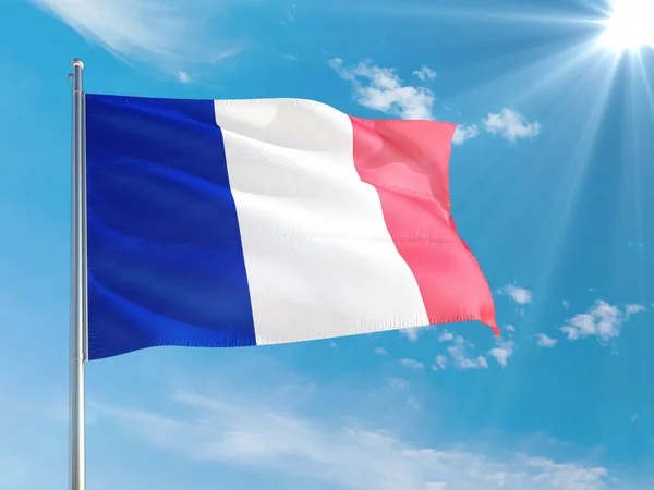 Frankrijk Nationale Vlag Wapperend Wind Tegen Diep Blauwe Lucht Hoge — Stockfoto