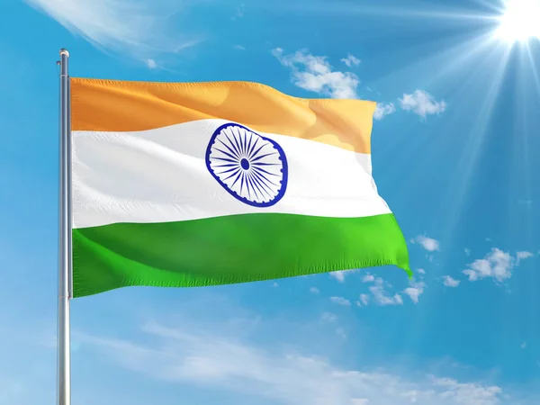 Bandera Nacional India Ondeando Viento Contra Cielo Azul Profundo Tejido —  Fotos de Stock