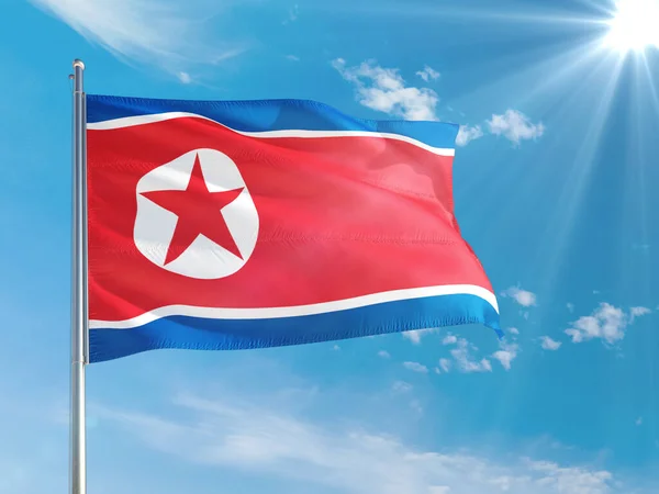 Bandeira Nacional Coreia Norte Acenando Vento Contra Céu Azul Profundo — Fotografia de Stock