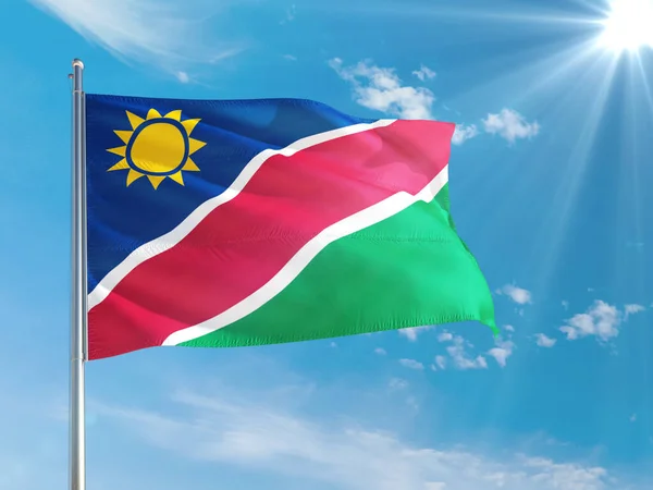 Bandera Nacional Namibia Ondeando Viento Contra Cielo Azul Profundo Tejido — Foto de Stock