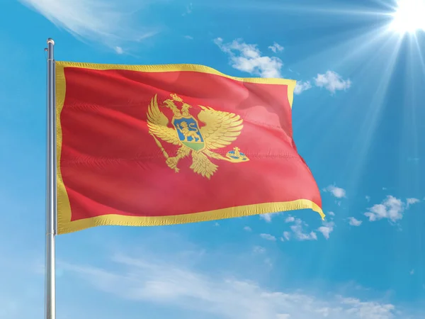 Bandeira Nacional Montenegro Acenando Vento Contra Céu Azul Profundo Tecido — Fotografia de Stock