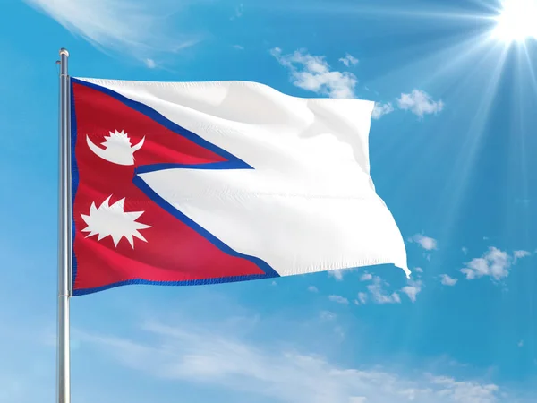 Nepal National Flag Waving Wind Deep Blue Sky High Quality — Stock Photo, Image