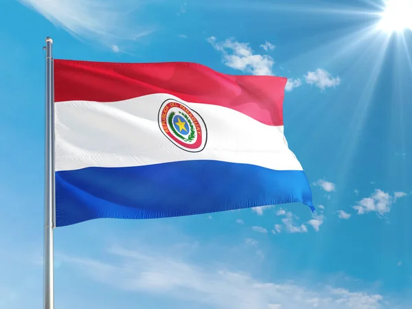 Парагвайский Национальный Флаг Размахивающий Ветром Фоне Синего Неба Высокое Качество — стоковое фото