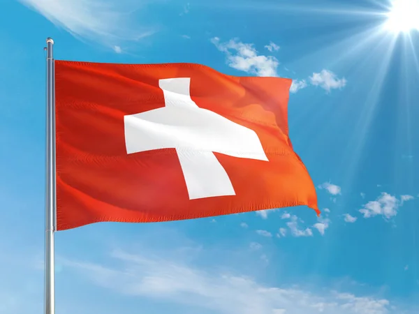 Švýcarsko Národní Vlajka Vlnící Větru Proti Tmavě Modré Obloze Kvalitní — Stock fotografie