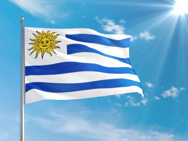Uruguay ulusal bayrağı derin mavi gökyüzüne karşı rüzgarda dalgalanıyor. Kaliteli kumaş. Uluslararası ilişkiler kavramı.