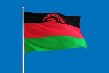 Malawi ulusal bayrağı derin mavi gökyüzünde rüzgarda dalgalanıyor. Kaliteli kumaş. Uluslararası ilişkiler kavramı.