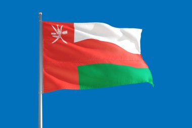 Umman ulusal bayrağı derin mavi gökyüzünde rüzgarda dalgalanıyor. Kaliteli kumaş. Uluslararası ilişkiler kavramı.