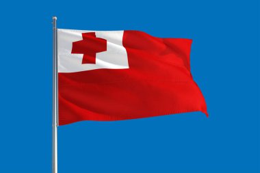 Tonga ulusal bayrağı derin mavi gökyüzünde rüzgarda dalgalanıyor. Kaliteli kumaş. Uluslararası ilişkiler kavramı.