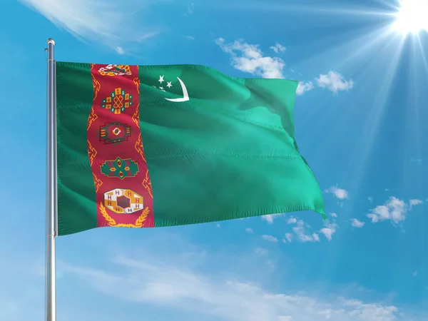 Turkmenistánská Národní Vlajka Vlající Větru Proti Tmavě Modré Obloze Kvalitní — Stock fotografie