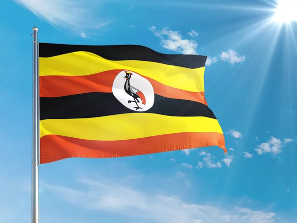 Bandeira Nacional Uganda Agitando Vento Contra Céu Azul Profundo Tecido — Fotografia de Stock