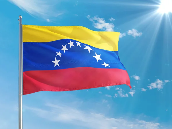 Bandera Nacional Venezuela Ondeando Viento Contra Cielo Azul Profundo Tejido — Foto de Stock