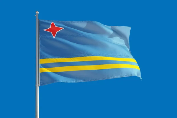 Aruba National Flagga Viftar Vinden Djup Blå Himmel Högkvalitativt Tyg — Stockfoto