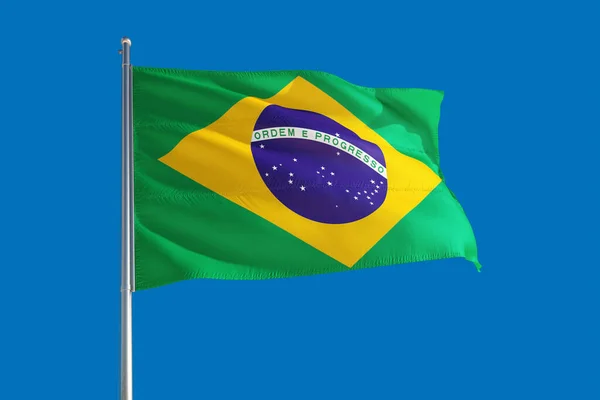 Bandeira Nacional Brasil Acenando Vento Céu Azul Profundo Tecido Alta — Fotografia de Stock