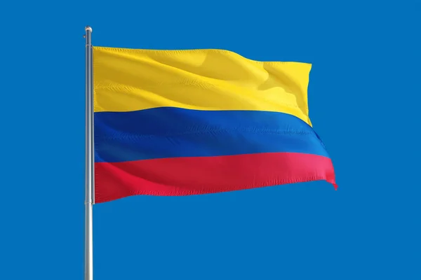 Bandera Nacional Colombia Ondeando Viento Sobre Cielo Azul Profundo Tejido — Foto de Stock