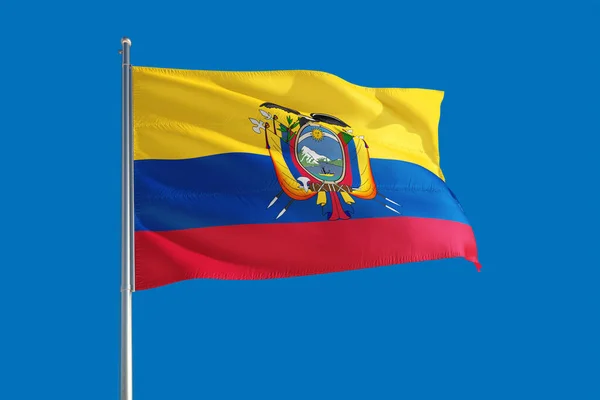 Bandera Nacional Ecuador Ondeando Viento Sobre Cielo Azul Profundo Tejido — Foto de Stock