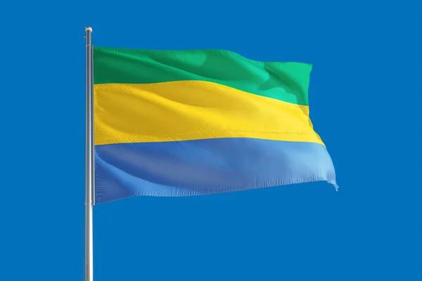 Bandera Nacional Gabón Ondeando Viento Sobre Cielo Azul Profundo Tejido — Foto de Stock