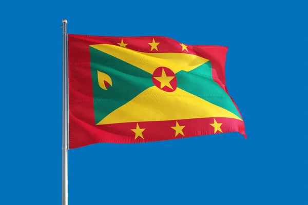 Národní Grenadská Vlajka Vlající Větru Temně Modré Obloze Kvalitní Tkanina — Stock fotografie