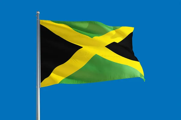 Drapeau National Jamaïque Agitant Dans Vent Sur Ciel Bleu Profond — Photo
