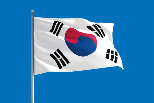 Güney Kore Ulusal Bayrağı Derin Mavi Gökyüzünde Rüzgarda Dalgalanıyor Kaliteli — Stok fotoğraf