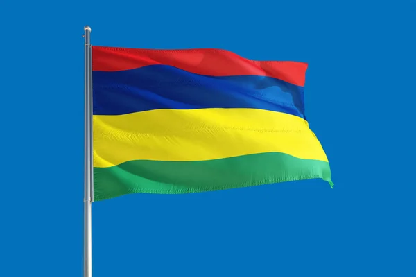 Національний Прапор Маврикію Розмахує Вітром Темно Синьому Небі Високоякісна Тканина — стокове фото