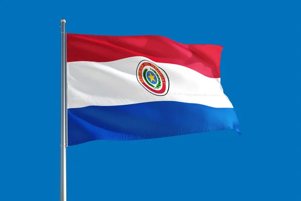 Bandera Nacional Paraguay Ondeando Viento Sobre Cielo Azul Profundo Tejido — Foto de Stock
