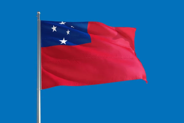 萨摩亚国旗在深蓝色的天空中迎风飘扬 高质量的面料 国际关系概念 — 图库照片
