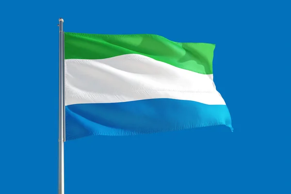 Sierra Leones Nationalflagge Weht Wind Vor Tiefblauem Himmel Hochwertiger Stoff — Stockfoto
