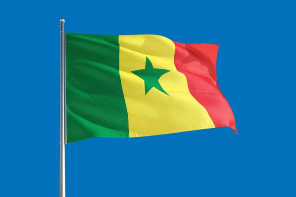 Senegals Flagga Viftar Vinden Djupt Blå Himmel Högkvalitativt Tyg Begreppet — Stockfoto