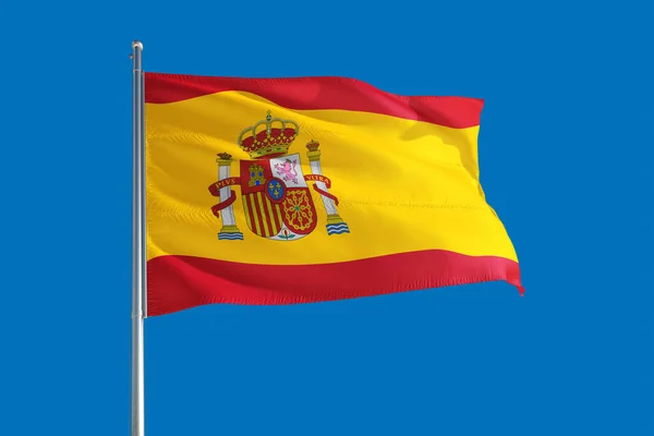 Spanya Ulusal Bayrağı Derin Mavi Gökyüzünde Rüzgarda Dalgalanıyor Kaliteli Kumaş — Stok fotoğraf