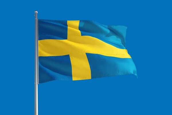 Sveriges Nationalflagga Viftar Vinden Djupblå Himmel Högkvalitativt Tyg Begreppet Internationella — Stockfoto