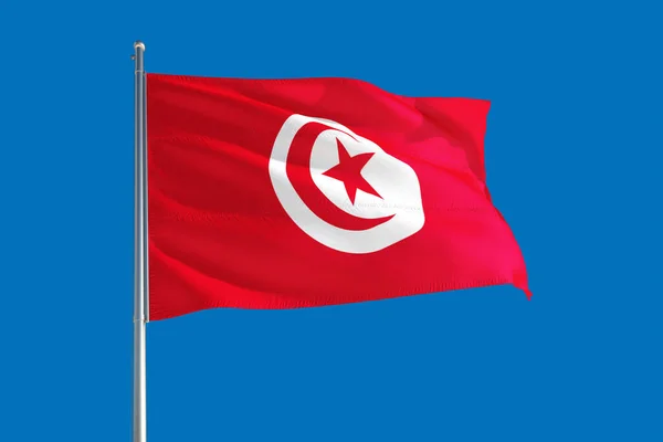 Tunisia National Flag Waving Wind Deep Blue Sky High Quality — Stock Photo, Image