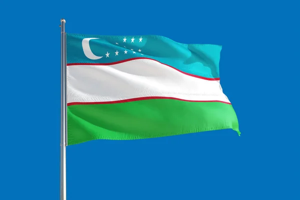Bandeira Nacional Uzbequistão Acenando Vento Céu Azul Profundo Tecido Alta — Fotografia de Stock