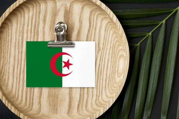 Bandera Argelia Etiquetada Placa Madera Palma Tropical Deja Monstera Fondo — Foto de Stock