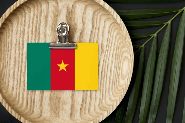 Bandera Camerún Etiquetada Placa Madera Palma Tropical Deja Monstera Fondo — Foto de Stock