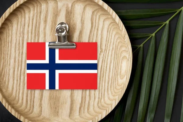 Bandera Noruega Etiquetada Placa Madera Palma Tropical Deja Monstera Fondo — Foto de Stock